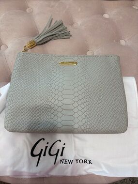 GiGi New York Light Grey Python-Embossed Leather Clutch with Tassel